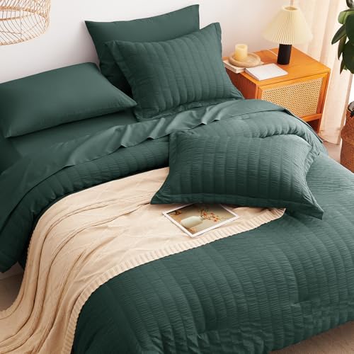 CozyLux Full Size Comforter Sets with Sheets Seersucker 7 Pieces Forest Green Bed in a Bag Textured Luxury Soft Bedding Set with Down Alternative Comforter, Sheets, Pillowcases & Shams for All Seasons CozyLux