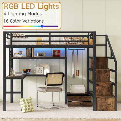 Full size Loft Bed with LED Light and Stairs, Metal Loft Bed Frame with Desk, Storage Drawers & Shelves, Hanging Rod, Gaming Lofts Beds with Charging Station for Adults Teens Kids Gamer, Black Mirightone