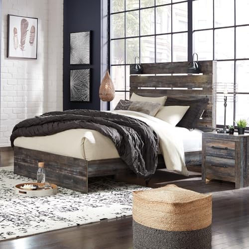 Signature Design by Ashley Drystan Rustic Queen Panel Bed, Sconce LED Lights, USB Ports and Nailheads, Foundation or Box Spring Needed, Dark Brown & Gray Signature Design by Ashley