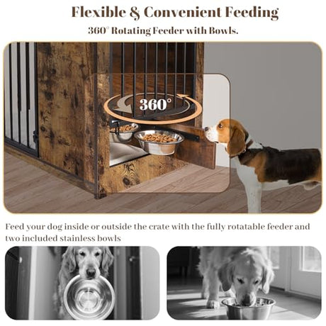 Dog Crate Furniture with Cushion for Large Dogs, 36" Indoor Wooden Dog Kennel with 270° Swivel Door, 360° Rotating Feeder, Decorative Heavy Duty Dog House with Double Locks & Bowls, Rustic Brown TBWIND