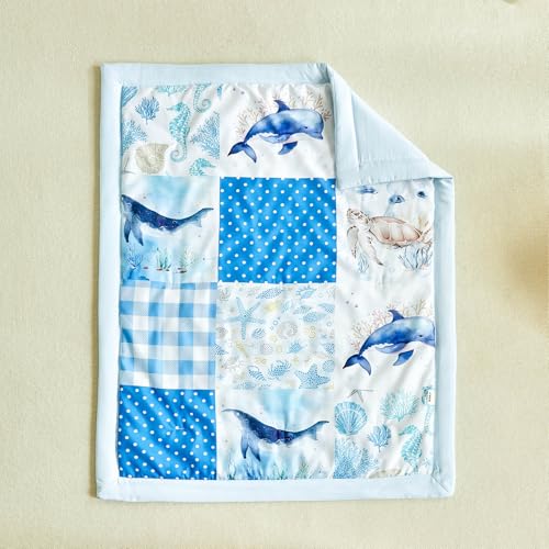 Patchwork Crib Bedding Set Blue Ocean Plaid Design 3 Pieces Baby Cute Quilted Comforter with Fitted Sheet and Bed Skirt - Whales Dolphins Turtles Seahorses Shell Marine Animals Style Crib Bed Set UOZZI BEDDING