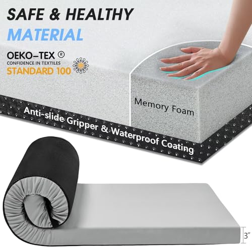 CYMULA Memory Foam Camping Mattress Pad,3 in Sleeping Pad for Camping,Non-Slip Bottom Floor Bed Floor Mattress for Adults,Portable Roll up Mattress Sleeping Mat for Car Travel,Guest Bed (Cot 72 * 24) CYMULA
