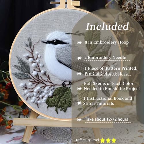 FONNUY Wild Birds Embroidery Kit, Pre-Stamped Green Tree Bird Patterns Kits for Adults and Beginners, Handmade DIY Crafts Set, Color Thread Needlework, 8'' Hoop (Chubby Little Bird)