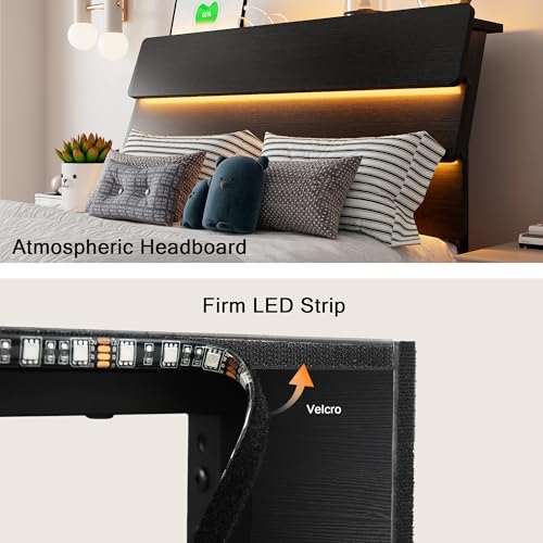 Einhomn Floating Bed Frame Twin Size with Led Headboard and Charging Station, Metal Platform Bed Base with Storage, Remote Control, Heavy Slats Support, No Box Spring Needed, Noise Free, Black Einhomn