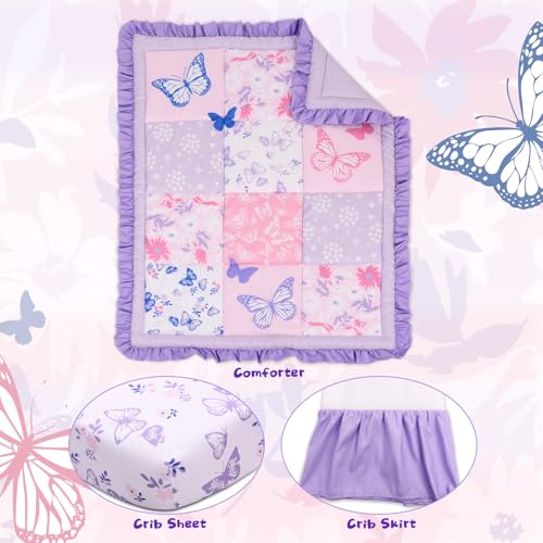 Cloele Crib Bedding Set for Girls, 3 Pieces Floral Butterfly Baby Bedding Set -Includes Comforter Fitted Sheet Crib Skirt,Standard Size Nursery Baby Crib Set for Girls,Purple Cloele
