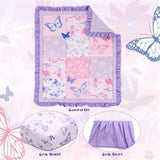 Cloele Crib Bedding Set for Girls, 3 Pieces Floral Butterfly Baby Bedding Set -Includes Comforter Fitted Sheet Crib Skirt,Standard Size Nursery Baby Crib Set for Girls,Purple Cloele