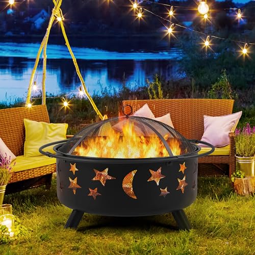 Yaheetech Fire Pit 30in Fire Pits for Outside Wood Burning Outdoor Fireplace with Spark Screen, Poker for Bonfire Patio Backyard Garden Picnic - WoodArtSupply