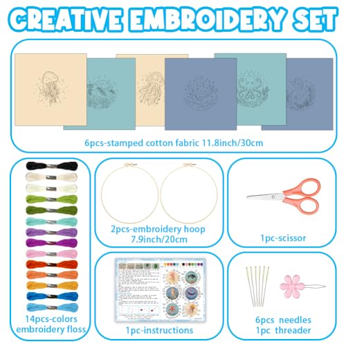 ACRNIGHEET 6PCS Embroidery Kit for Adults Beginners, Sea Animals Embroidery Starter Kit, Stamped Cross Stitch Kits for Crafts Lovers Gift Idea, Include Instructions 6 Stamped Embroidery Cloth 2 Hoop