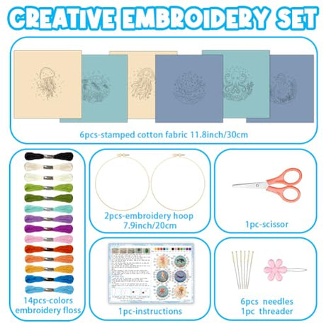 ACRNIGHEET 6PCS Embroidery Kit for Adults Beginners, Sea Animals Embroidery Starter Kit, Stamped Cross Stitch Kits for Crafts Lovers Gift Idea, Include Instructions 6 Stamped Embroidery Cloth 2 Hoop ACRNIGHEET