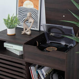 Lisicues Record Player Stand, Vinyl Record Cabinet with Power Outlet Holds Up to 200 Albums, Turntable Stand Table, Fluted Sliding Door, Living Room(Walnut) Lisicues