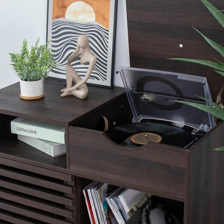 Lisicues Record Player Stand, Vinyl Record Cabinet with Power Outlet Holds Up to 200 Albums, Turntable Stand Table, Fluted Sliding Door, Living Room(Walnut) Lisicues
