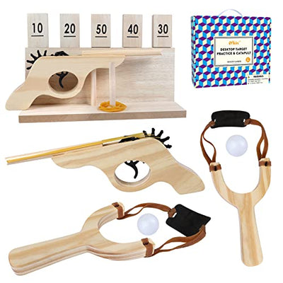 Offelec Wooden Multi-Shot Rubber Band Gun Pistol Handgun and Catapult Game with Wooden Number Target Stand for Kids and Adults. Party and Family