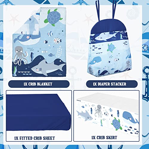 Rtteri 4 Pieces Baby Crib Bedding Set, Nursery Bedding Standard Size Soft Baby Bedding Set Including Crib Skirt, Blanket, Sheet and Diaper Stacker for Girls and Boys(Whale) Rtteri
