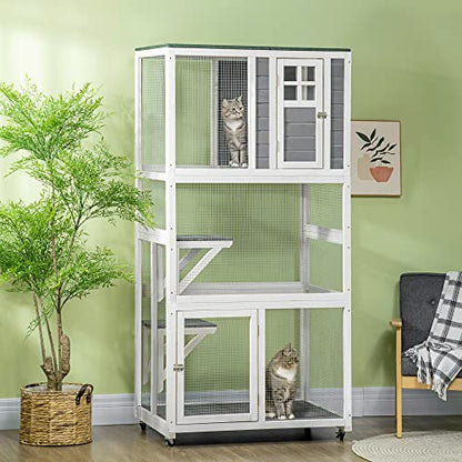 PawHut 74" Wooden Catio Outdoor Cat House Weatherproof & Wheeled, Outside Cat Enclosure with High Weight Capacity, Kitten Cage Condo, Gray