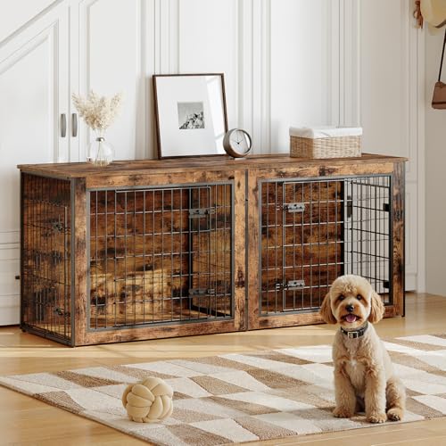HOOBRO Dog Crate Furniture for 2 Dogs, 63" Large Double Dog Crate Furniture with Divider, Wooden Indoor Kennel TV Stand for Medium Large Dogs, Rustic Brown BF55GW03 HOOBRO