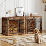 HOOBRO Dog Crate Furniture for 2 Dogs, 63" Large Double Dog Crate Furniture with Divider, Wooden Indoor Kennel TV Stand for Medium Large Dogs, Rustic Brown BF55GW03 HOOBRO