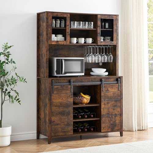 IDEALHOUSE Farmhouse Coffee Bar Cabinet with Sliding Barn Doors, 70'' Kitchen Hutch Cabinet with Storage, Wine&Glasses Rack, Tall Sideboard Buffet Cabinet for Kitchen, Dining Room, Brown IDEALHOUSE