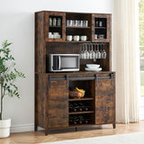 IDEALHOUSE Farmhouse Coffee Bar Cabinet with Sliding Barn Doors, 70'' Kitchen Hutch Cabinet with Storage, Wine&Glasses Rack, Tall Sideboard Buffet Cabinet for Kitchen, Dining Room, Brown IDEALHOUSE