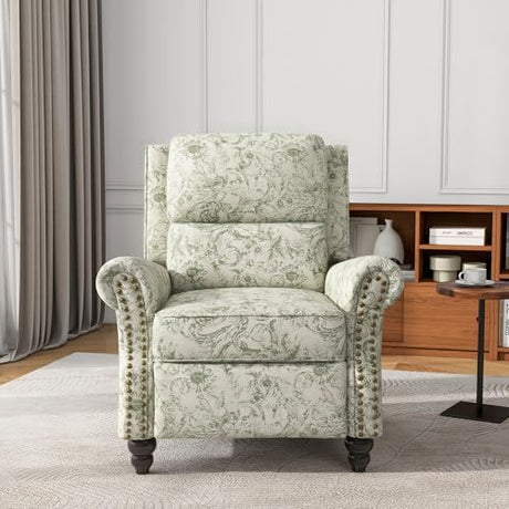 UIXE Floral Pushback Recliner Chair, Fabric Overstuffed Armchair Push Back Accent Chair for Living Room, Rivet Trim Club Chair Home Theater Single Sofa Bedroom Side Reading Seat - Rococo Green UIXE
