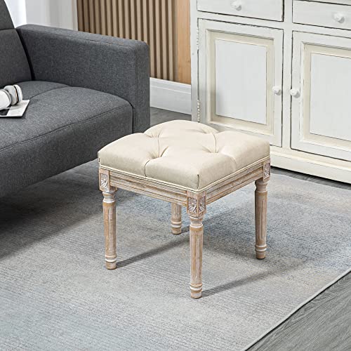 HOMCOM 16" Vintage Ottoman, Tufted Foot Stool with Upholstered Seat, Rustic Wood Legs for Bedroom, Living Room, Beige HOMCOM