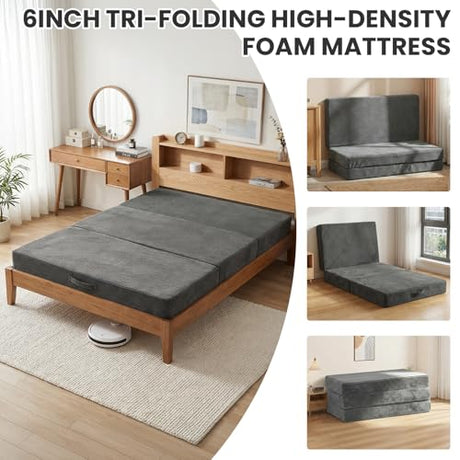 Erament Folding Mattress Queen Size, Trifold Mattress 6 inch Foldable Futon Sofa Bed with Corduroy Cover, Memory Foam Mattress Topper with Carry Handle Erament