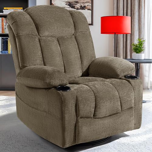 Vawobl Swivel Rocker Recliner Chair for Adults – Manual Glider Sofa with Massage, Heat & Vibration, 360° Rocking for Living Room or Nursery (Light Brown, 30"x30"x40")
