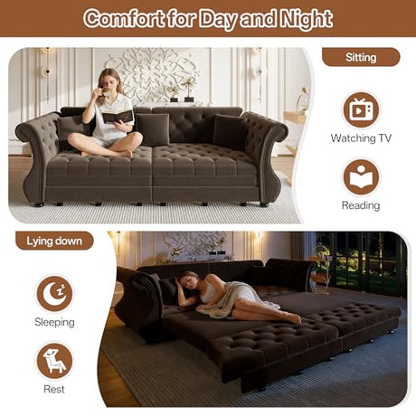 LuxyHoom 97.6'' Sleeper Sofa Bed King Size, Flower Tufted Pull Out Couch, Velvet Chesterfield Futon Couches, Modern 4 Seater Convertible Sofa, 3 Pillows for Living Room, Apartment, Offices, Brown LuxyHoom