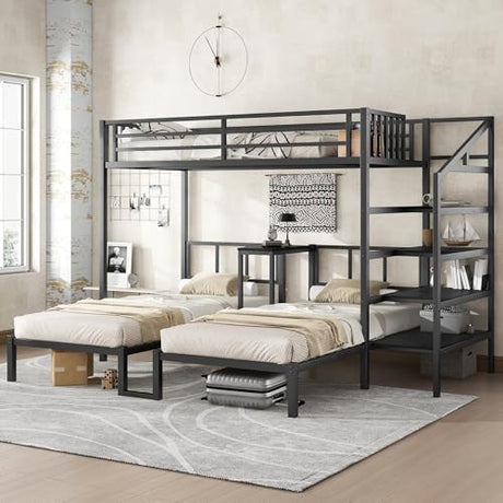 Bellemave Twin Over Twin Over Twin Bunk Bed for 3 Kids, Heavy Duty Triple Bunk Beds with Storage Stairs, Desk and Guardrails, Noise Free Design Triple Bed Frame, Black Bellemave