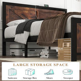 DOGIBIXO Led Bed Frame King Size with USB Charging Station, Industrial Platform Bed Frame with Farmhouse Barn Door Headboard, Strong Metal Slats Support, Noise Free, No Box Spring Needed, Brown DOGIBIXO