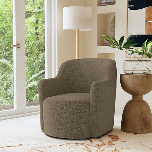 HomePop Home Décor Upholstered 360° Barrel Back Swivel Chair | Accent Chairs for Living Room & Bedroom | Decorative Home Furniture, Dark Brown Boucle HomePop