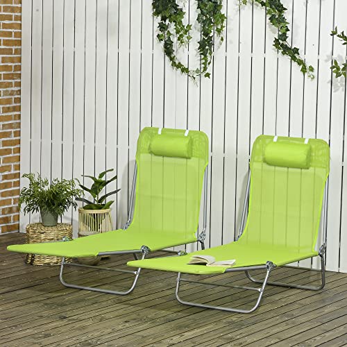 Outsunny 2 Piece Folding Chaise Lounge Chairs, Pool Sun Tanning Chairs with Reclining Back, Breathable Mesh Seat, Headrest for Beach, Yard, Patio, Green