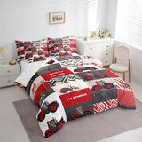 Erosebridal 7 Pcs Kids Tractor Bedding Sets Red Cartoon Tractor Quilt with Flat Fitted Sheet Twin Farm Vehicle Truck Bed in A Bag Equipment Construction Comforter Set Geometric Plaid Decor Erosebridal