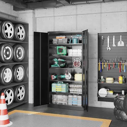 NODHM Metal Storage Cabinets with Lock, 71" Garage Storage Cabinet with 2 Door and 5 Adjustable Shelves, Steel Lockable Tool Cabinets for Home, Office, Gym, Garage NODHM