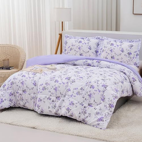 Mooreeke Floral Twin Size Comforter Sets, Lightweight Purple Lavender Botanical Printed Bedding for All Seasons, 2-Piece Vintage Bed in a Bag with Fluffy Quilted Reversible Comforter & Pillow Sham Mooreeke