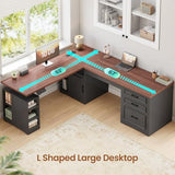 SEDETA Farmhouse L Shaped Electric Standing Desk, 63" x 67" Height Adjustable Home Office Executive Desk with Drawers and Shelves, Standing Computer Desks with Power Outlet for Home Office, Black SEDETA