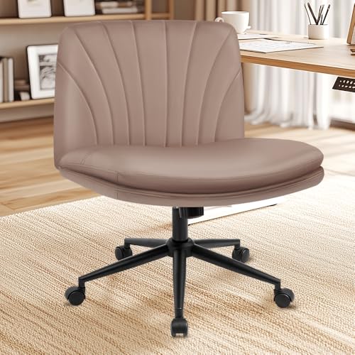 NEO Chair Criss Cross Chair with Wheels Armless Cross Legged Office Desk Wide Comfy Vanity Makeup Chair Adjustable Swivel Rolling Computer for Home Office PU Leather (Brown) NEO CHAIR