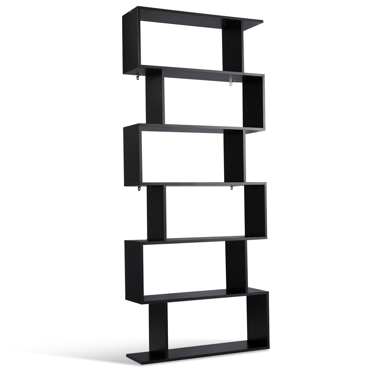 Tangkula 6-Tier Geometric Bookcase, Modern S-Shaped Storage Display Bookshelf for Living Room, Anti-Toppling Device, Home Office Wooden 6 Shelf Open Bookcase (1, Black) Tangkula