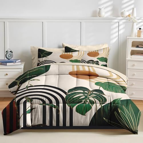 Nesker Comforter Set King Size, Modern Abstract Geometric Minimalist 7 Pcs Bedding for Kids and Adults, Green Boho Mid Century Bed Sheet Sets with Fitted Sheet 2 Pillowcases & 2 Shams Nesker