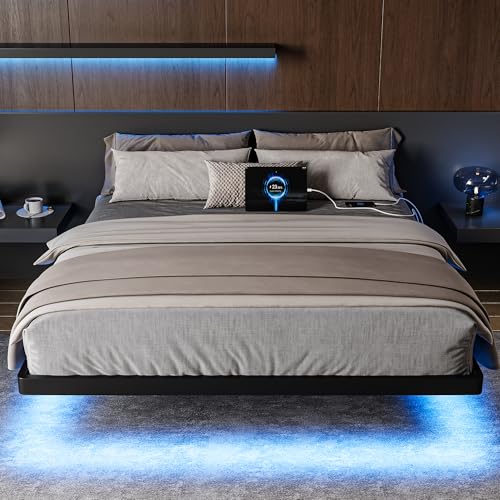 Feonase Queen Floating Bed Frame with Charging Station and Led Lights, Metal Bed Frame with Heavy Duty Steel Slats Supports, No Box Spring Needed, Easy Assembly, Noise Free, Black Feonase