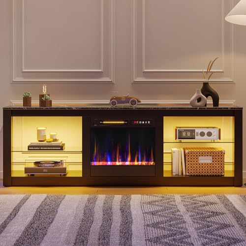 Bestier 63 Inch Modern Fireplace TV Stand for TVs up to 70", LED Entertainment Center with 18" Electric Fireplace Media Console for Living Room with Glass Shelves, Black Marble Bestier