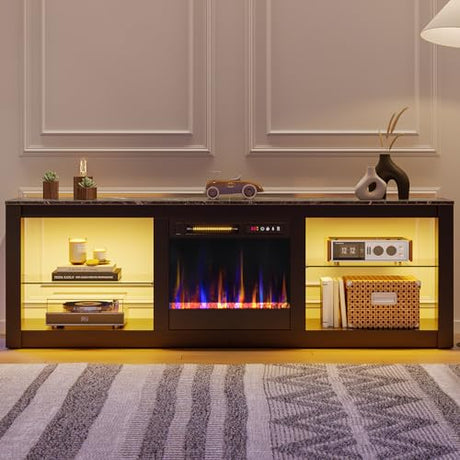 Bestier 63 Inch Modern Fireplace TV Stand for TVs up to 70", LED Entertainment Center with 18" Electric Fireplace Media Console for Living Room with Glass Shelves, Black Marble Bestier
