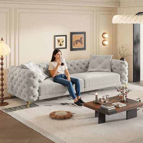Tabaray 97.7'' Pull Out Sofa Bed King, Chesterfield Velvet Sleeper Sofa, Convertible L-Shaped Futon Couch, Tufted Back, Ottoman, Deep Seat Loveseat Couches for Living Room, Apartment, Light Gray Tabaray