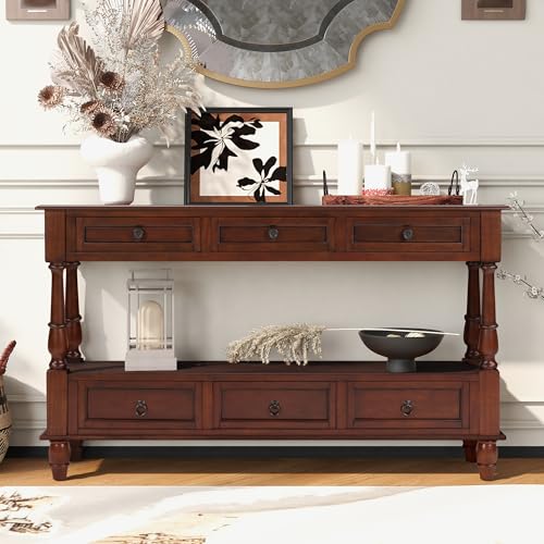 LKTART 54'' Solid Wood Console Table, Farmhouse Entryway Table with 6 Drawers and Shelf, Narrow Long Sofa Table with Storage for Living Room Hallway, Couch, Foyer (Cherry) LKTART