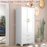 Metal Wardrobe Closet with 2 Doors & 2 Drawers, 71" Tall Armoire Wardrobe Closet with Hanging Rods and Adjustable Shelf, Steel Wardrobe Storage Cabinet for Bedroom-White winiowa