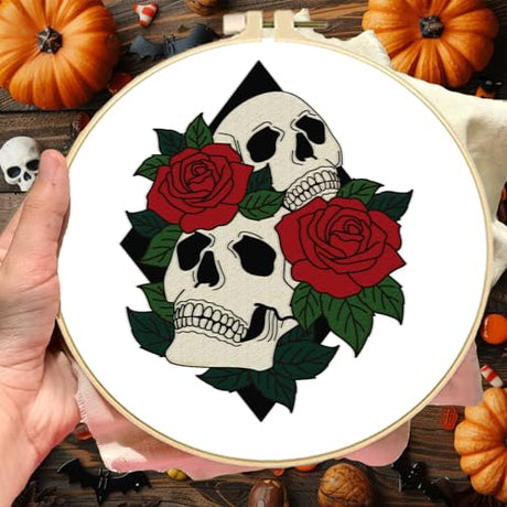 BEUNITONE 4 Set Skull Embroidery kit for Beginners Flower Starter Kits Halloween Skull with Flowers DIY Needlepoint Kit for Adults with Instruction Rose Skull Handmade Embroidery Kits for Gifts BEUNITONE
