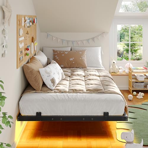 Hasuit Floating Bed Frame Twin Size with LED Lights, Metal Twin Floating Bed Frames for Kids, No Box Spring Needed, Easy to Assemble (Twin) Hasuit