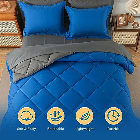 Cosybay Bed in a Bag Full Comforter Sets 7pcs All Season Solid Down Alternative Bedding Sets Blue and Grey with Comforter, Pillow Shams, Flat Sheet, Fitted Sheet and Pillowcases Cosybay