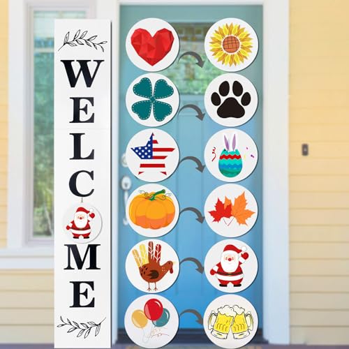 Lotkey Seasonal Welcome Sign for Front Door, 47 x 7.9 Inch Welcome Sign with 12 Wooden Icons (6 Double-sided Disks) Porch Decor for Summer Fall Thanksgiving Christmas Party Outdoor Sign (White) LOTKEY