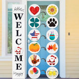 Lotkey Seasonal Welcome Sign for Front Door, 47 x 7.9 Inch Welcome Sign with 12 Wooden Icons (6 Double-sided Disks) Porch Decor for Summer Fall Thanksgiving Christmas Party Outdoor Sign (White) LOTKEY