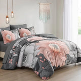 Xruibed King Comforter Set 7 Pieces Grey Floral Comforter Set King Size Bed in a Bag Flower Bedding Sets Lightweight Boho Bed Set with Sheet,Pillowcases&Shams for All Season Xruibed
